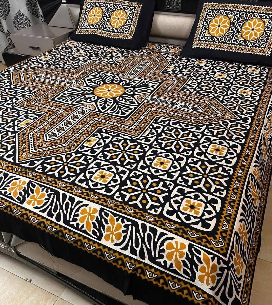 King Size Ajrak Block Print Cotton Bedsheet Set