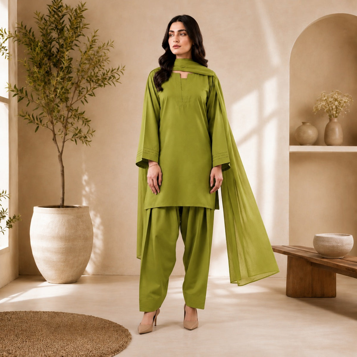 Pintex Sleeves & Farshi Shalwar 3PC Cotton Suit