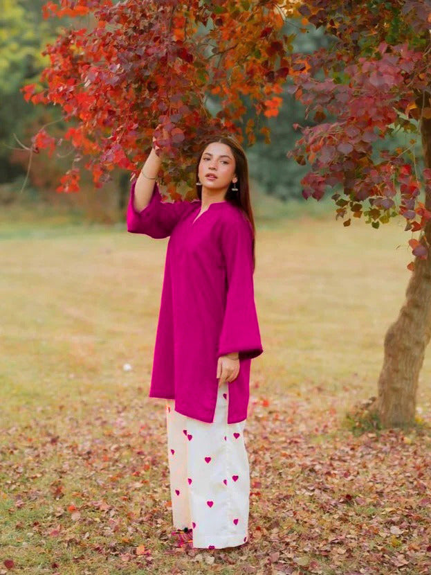 Cotton 2 Piece Suit with Lace Work & Heart Embroidery