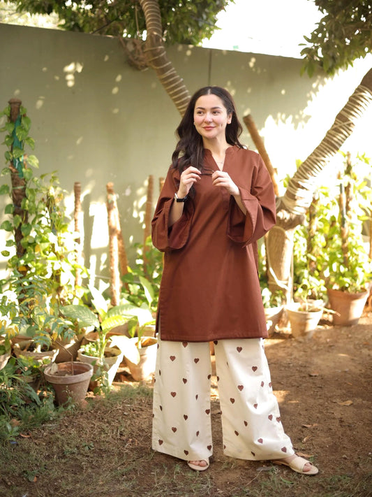 Cotton 2 Piece Suit with Lace Work & Heart Embroidery
