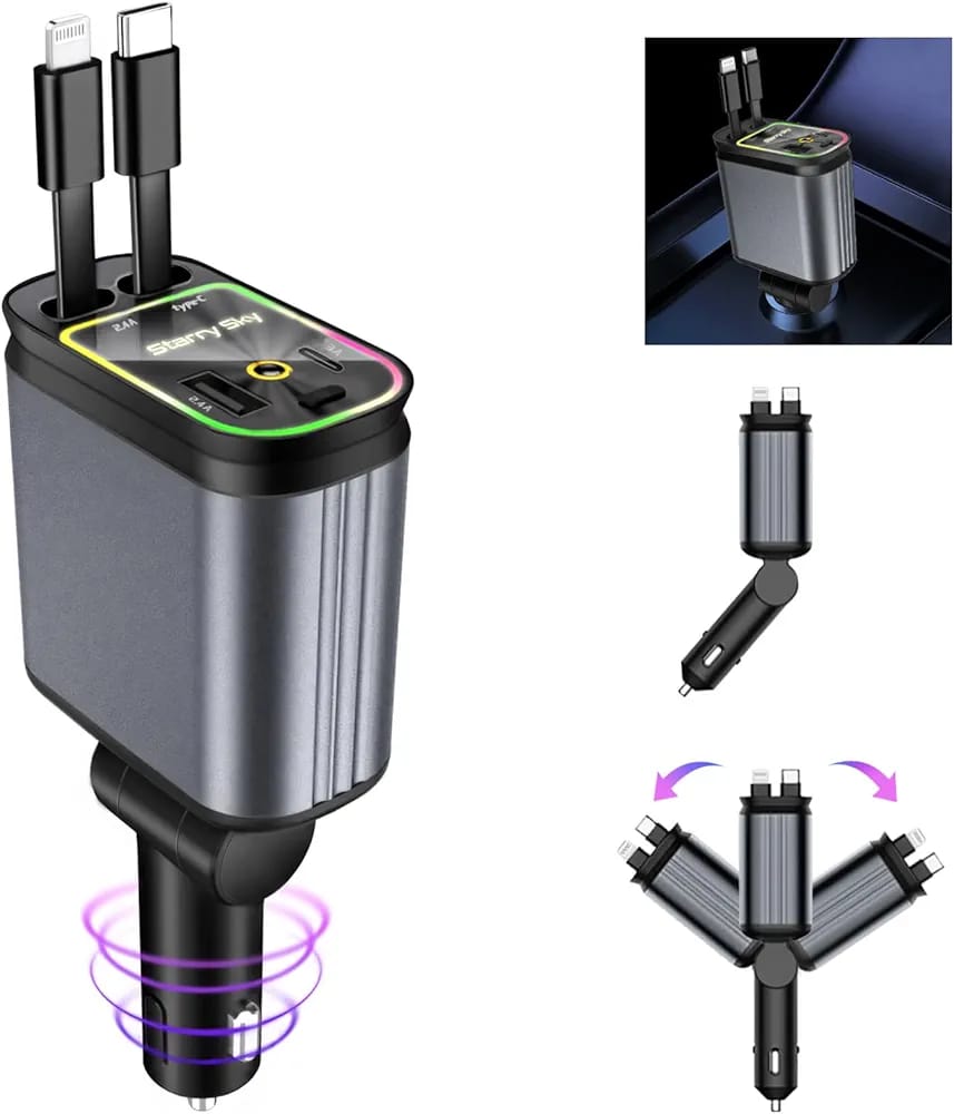 Retractable 4-in-1 Car Charger with Star Light β Fast Charging Multi-Port Adapter