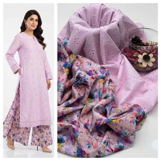 Premium Lawn Schiffli Chickenkari Embroidered 2PC Suit with Bana Dora Digital Print Trouser