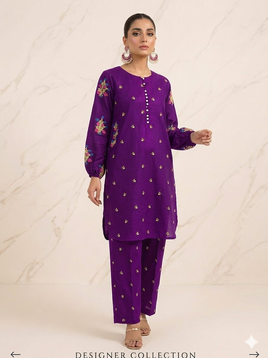 Front Stitch Buttons With Both Sided Pockets Embroidery Kurti With Emb Flapper 2Pcs