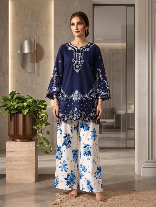 Chikinkari Embroidery Shirt With Printed Farshi Shalwar 2pcs