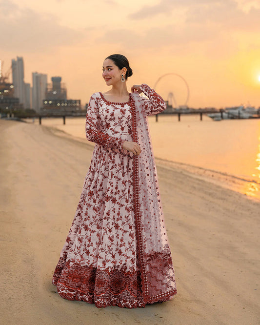 Trending Hania Amir Printed Maxi Dress 3PC With Lace Work Dupatta