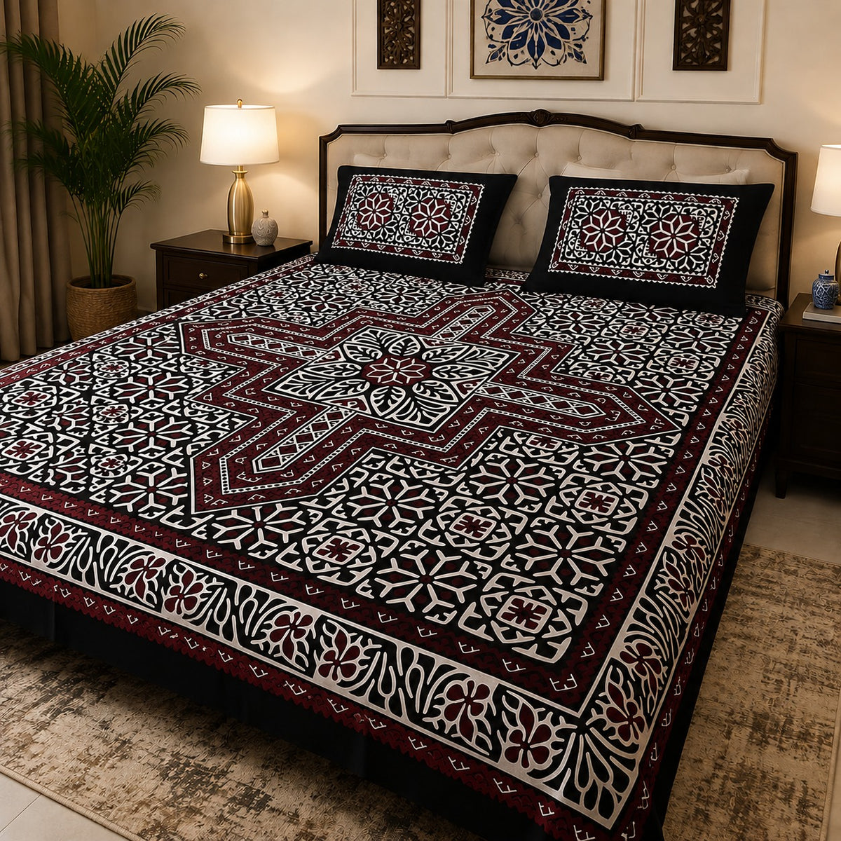 King Size Ajrak Block Print Cotton Bedsheet Set