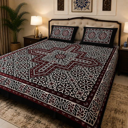 King Size Ajrak Block Print Cotton Bedsheet Set