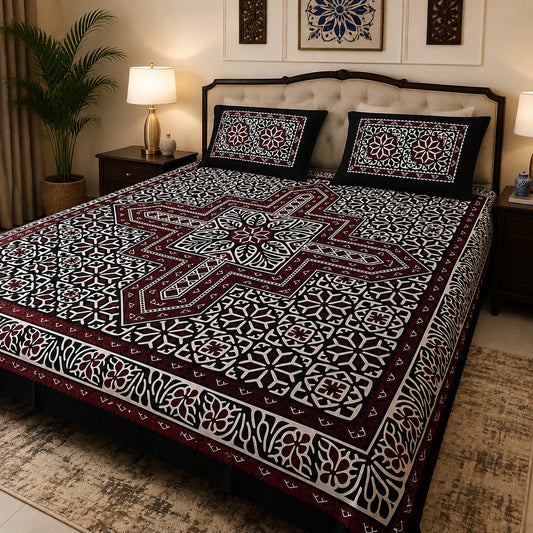 King Size Ajrak Block Print Cotton Bedsheet Set