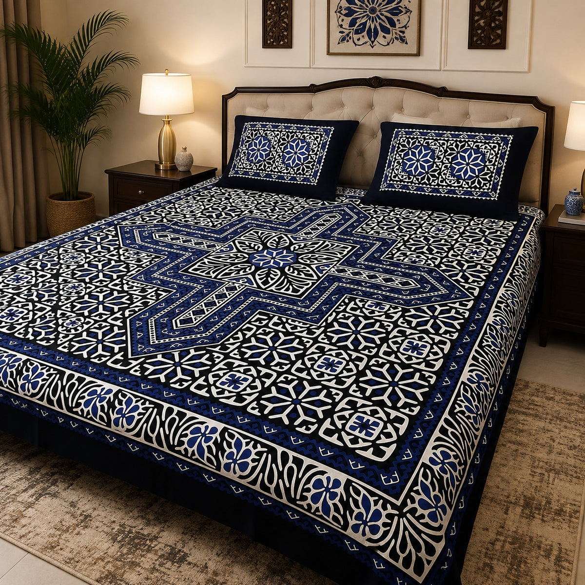 King Size Ajrak Block Print Cotton Bedsheet Set