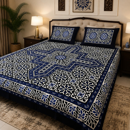 King Size Ajrak Block Print Cotton Bedsheet Set