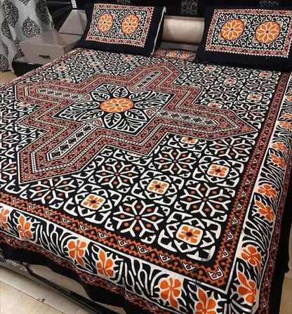 King Size Ajrak Block Print Cotton Bedsheet Set