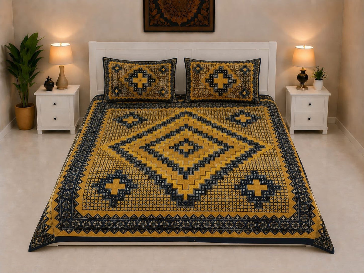King Size Block Print Cotton Bedsheet Set