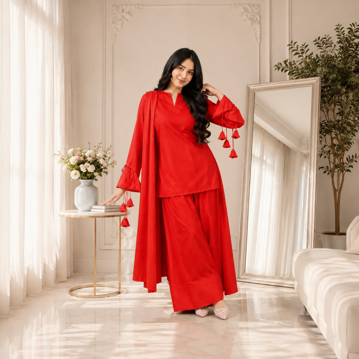 Pankhuri Linen Short Shirt & Farshi Shalwar 3PC Suit