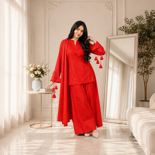 Pankhuri Linen Short Shirt & Farshi Shalwar 3PC Suit