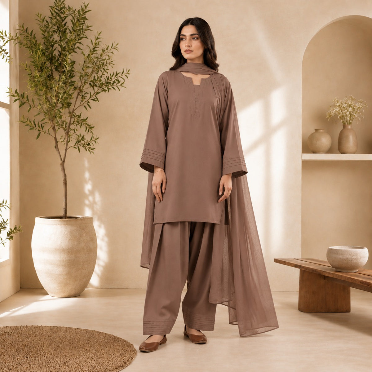 Pintex Sleeves & Farshi Shalwar 3PC Cotton Suit