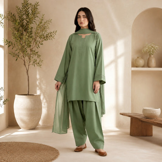 Pintex Sleeves & Farshi Shalwar 3PC Cotton Suit