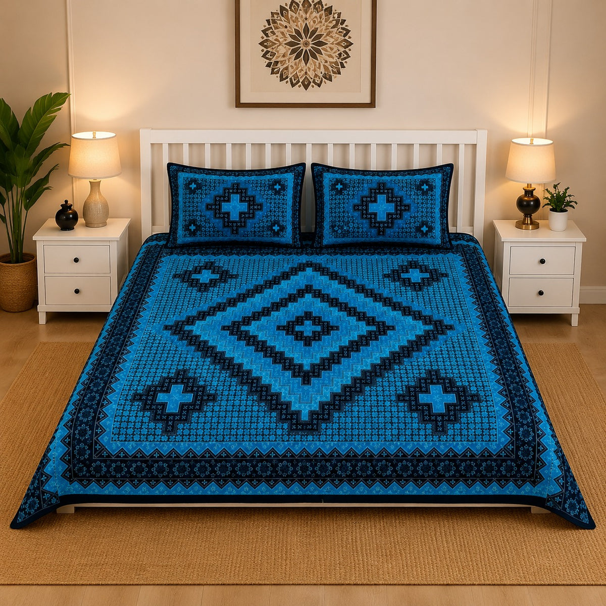 King Size Block Print Cotton Bedsheet Set