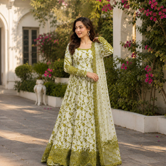 Printed Maxi 3-Piece Dress with Lace Dupatta