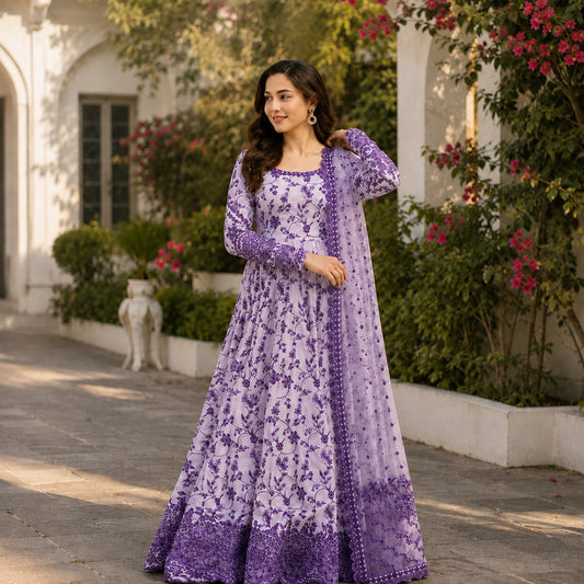 Printed Maxi 3-Piece Dress with Lace Dupatta
