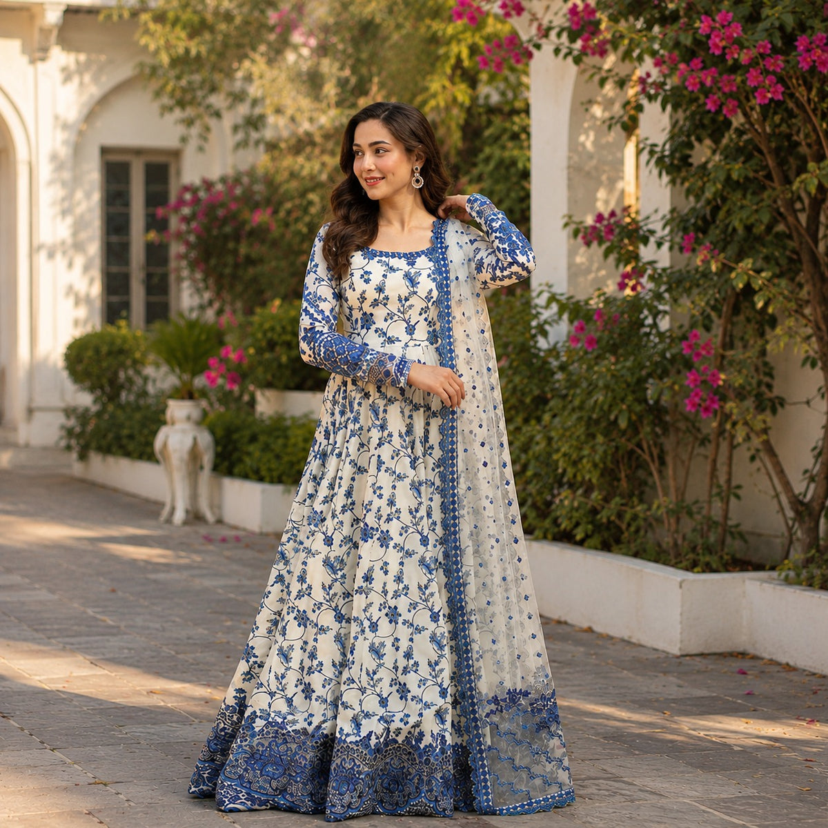 Printed Maxi 3-Piece Dress with Lace Dupatta