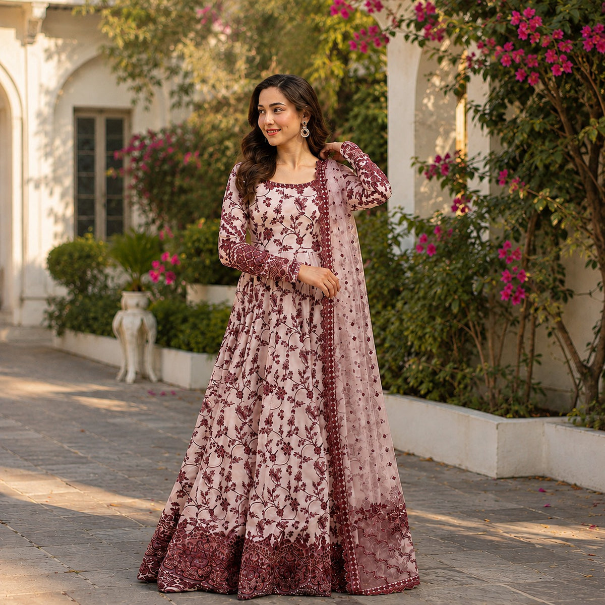 Printed Maxi 3-Piece Dress with Lace Dupatta