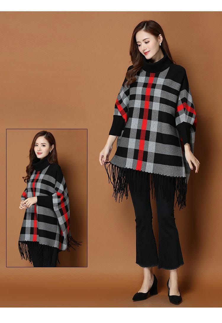 New Women's Checkered Bat-Wing Style Printed Fleece Pohncho.