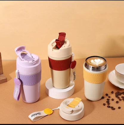 510ml 2-in-1 Stainless Steel Coffee & Tea Travel Mug | 304 SUS with Straw + Sipper & Silicone Grip