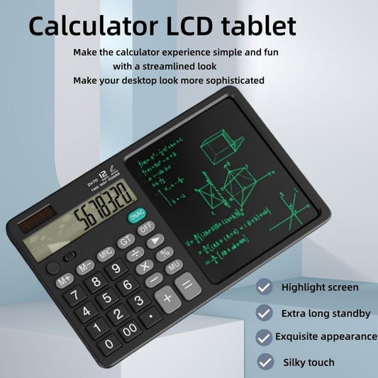 Dual Power Calculator with LCD Writing Pad – 12-Digit Display, Solar + Battery (Black)