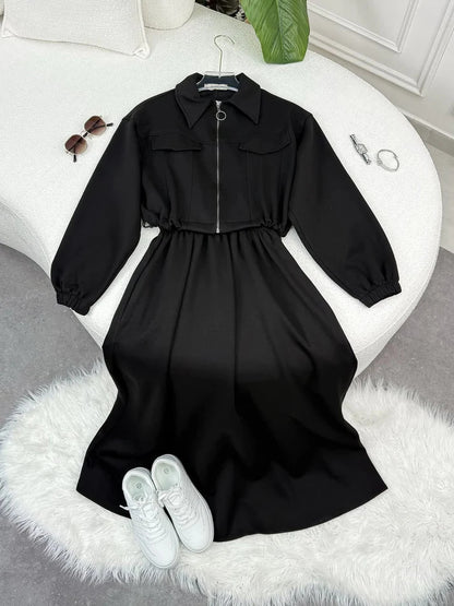 2 Pcs Winter Outfit Long Frock With Upper Fleece Jacket