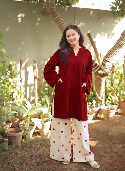 Cotton 2 Piece Suit with Lace Work & Heart Embroidery