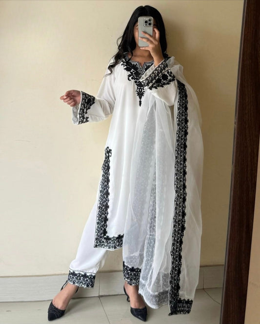 Elegant Organza 3PC Suit with Heavy Embroidery & 4-Side Border Dupatta