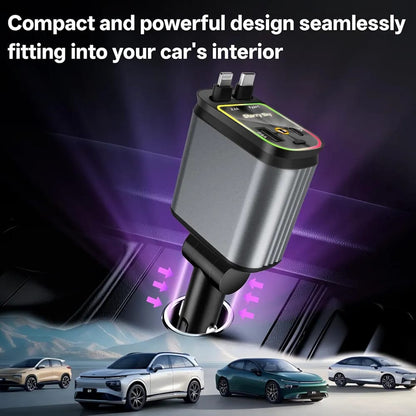 Retractable 4-in-1 Car Charger with Star Light – Fast Charging Multi-Port Adapter