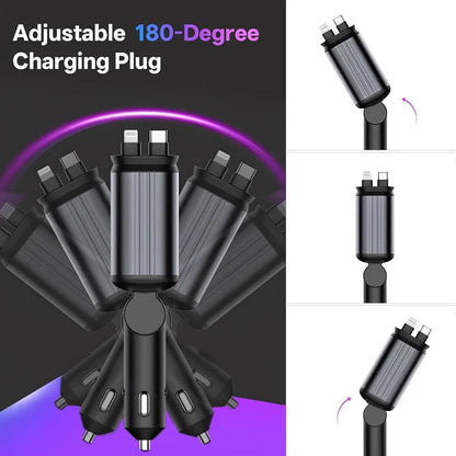 Retractable 4-in-1 Car Charger with Star Light – Fast Charging Multi-Port Adapter