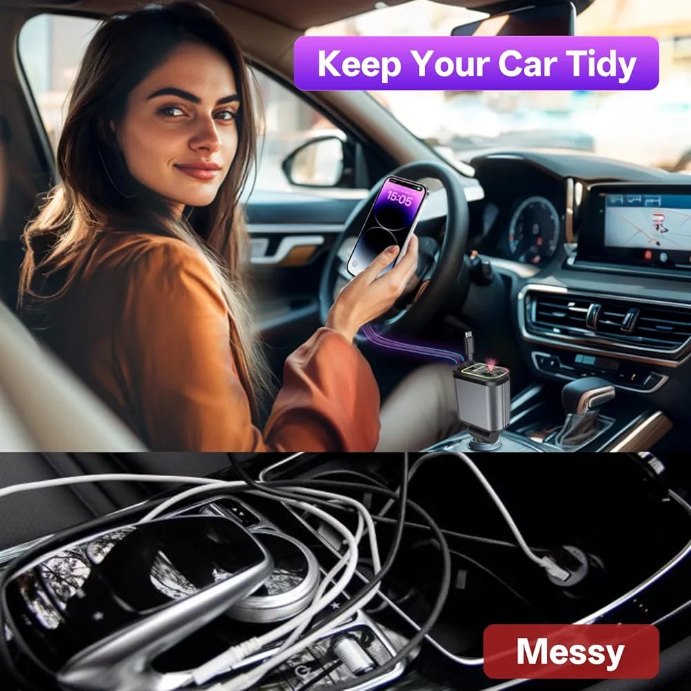 Retractable 4-in-1 Car Charger with Star Light – Fast Charging Multi-Port Adapter