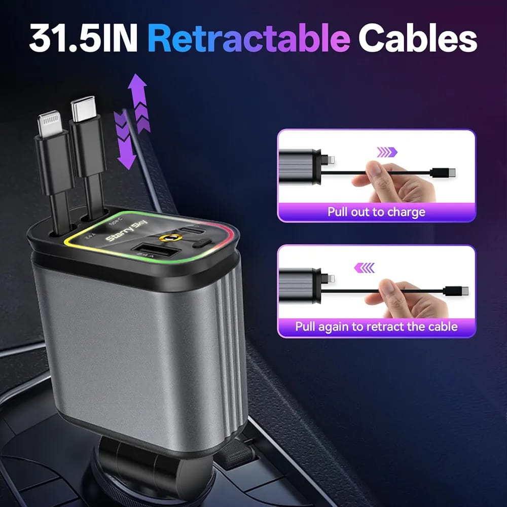 Retractable 4-in-1 Car Charger with Star Light – Fast Charging Multi-Port Adapter