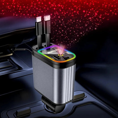 Retractable 4-in-1 Car Charger with Star Light – Fast Charging Multi-Port Adapter