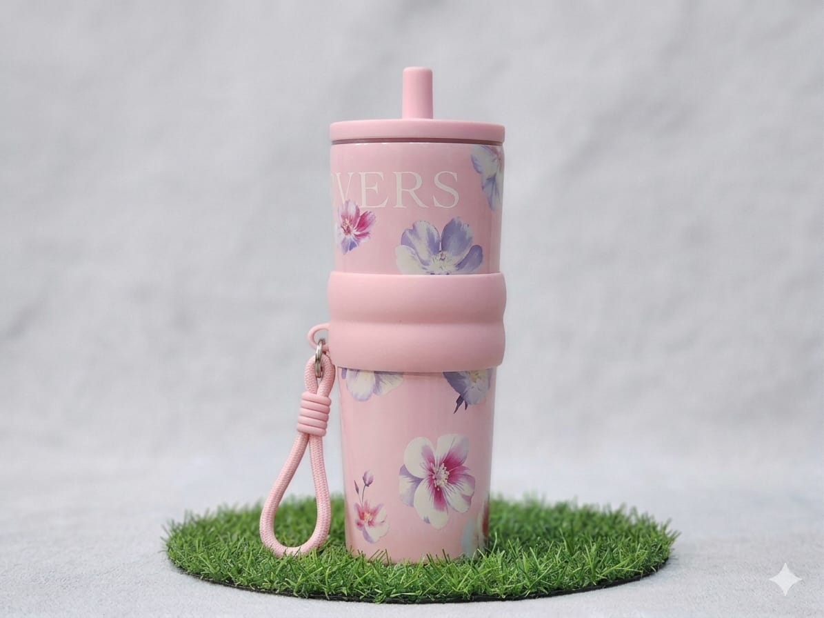 Stainless Steel Premium Insulated Floral Tumbler with Straw & Carry Band