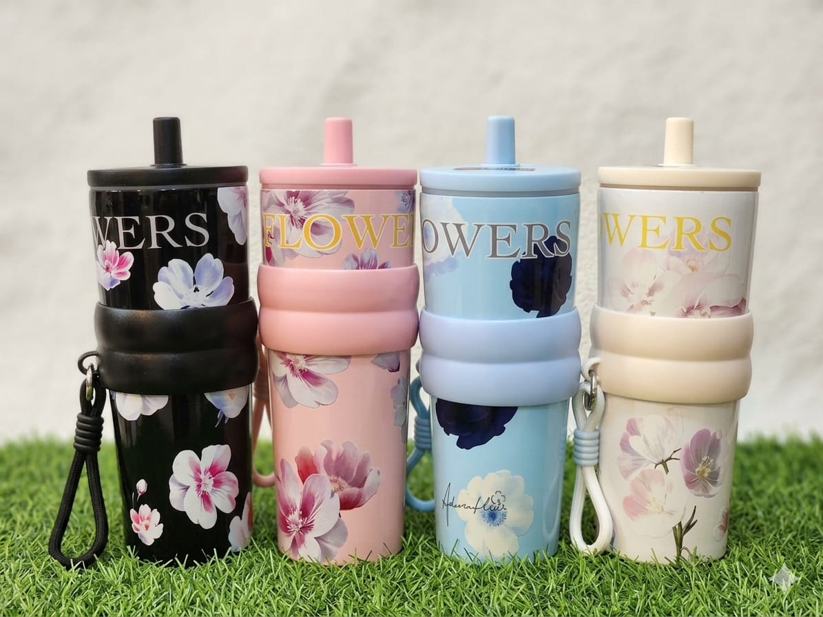 Stainless Steel Premium Insulated Floral Tumbler with Straw & Carry Band
