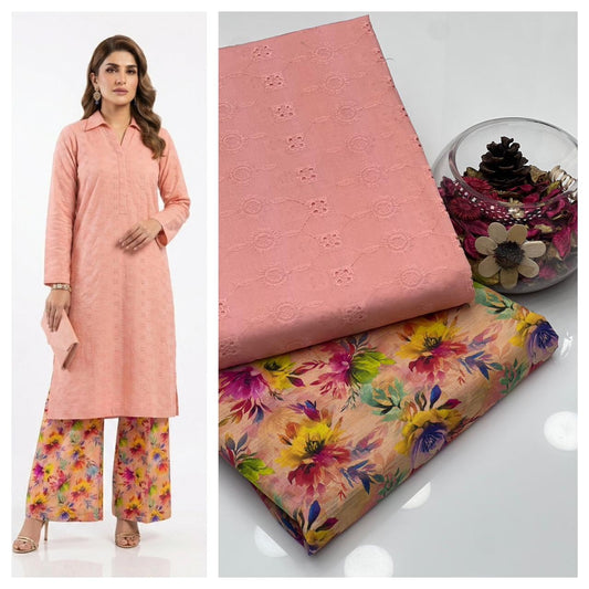 Premium Lawn Schiffli Chickenkari Embroidered 2PC Suit with Bana Dora Digital Print Trouser