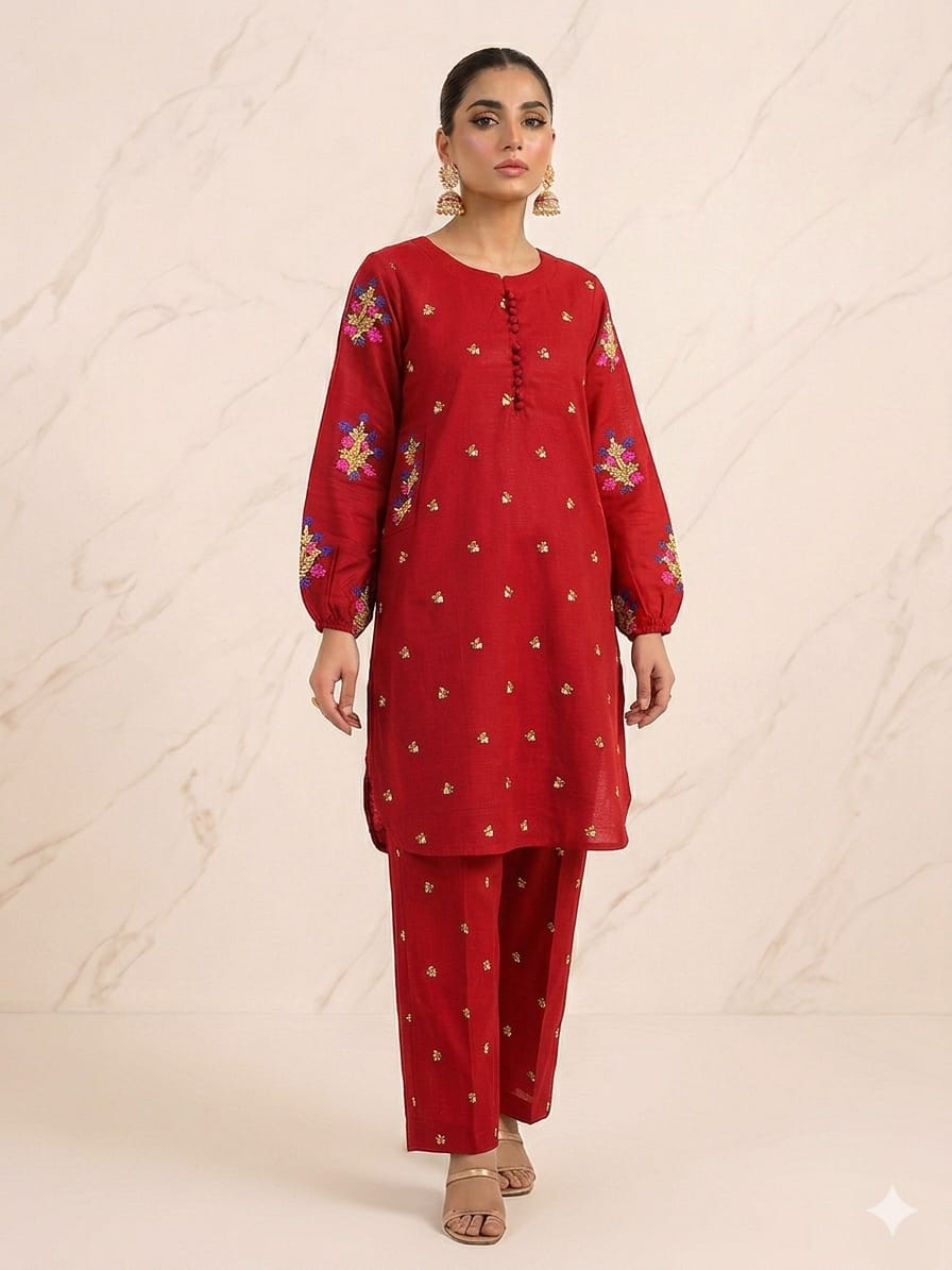 Front Stitch Buttons With Both Sided Pockets Embroidery Kurti With Emb Flapper 2Pcs