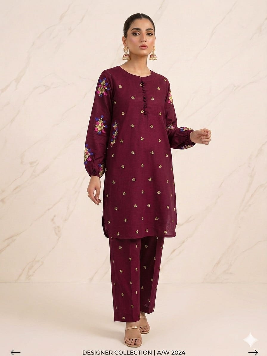 Front Stitch Buttons With Both Sided Pockets Embroidery Kurti With Emb Flapper 2Pcs