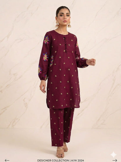 Front Stitch Buttons With Both Sided Pockets Embroidery Kurti With Emb Flapper 2Pcs