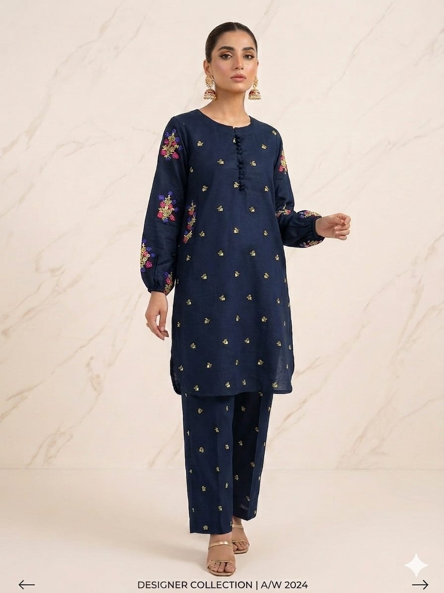Front Stitch Buttons With Both Sided Pockets Embroidery Kurti With Emb Flapper 2Pcs