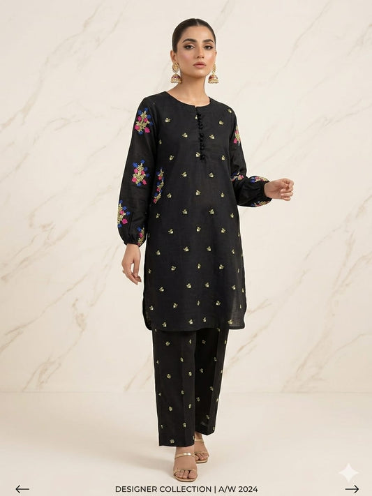 Front Stitch Buttons With Both Sided Pockets Embroidery Kurti With Emb Flapper 2Pcs
