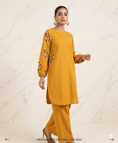Front Stitch Buttons With Both Sided Pockets Embroidery Kurti With Emb Flapper 2Pcs