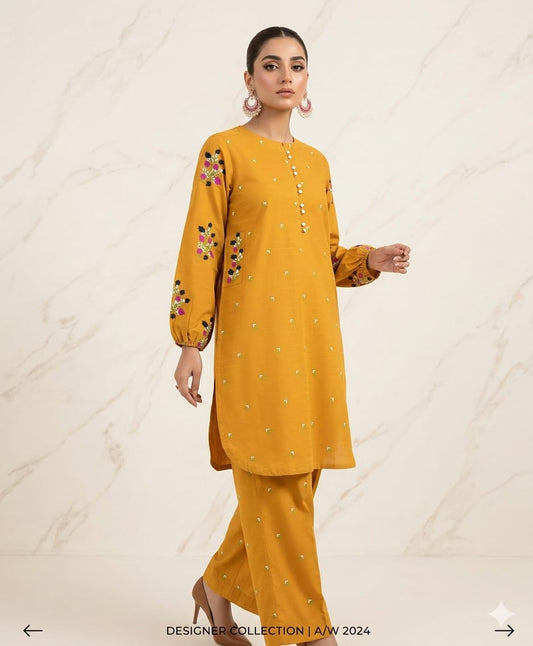 Front Stitch Buttons With Both Sided Pockets Embroidery Kurti With Emb Flapper 2Pcs