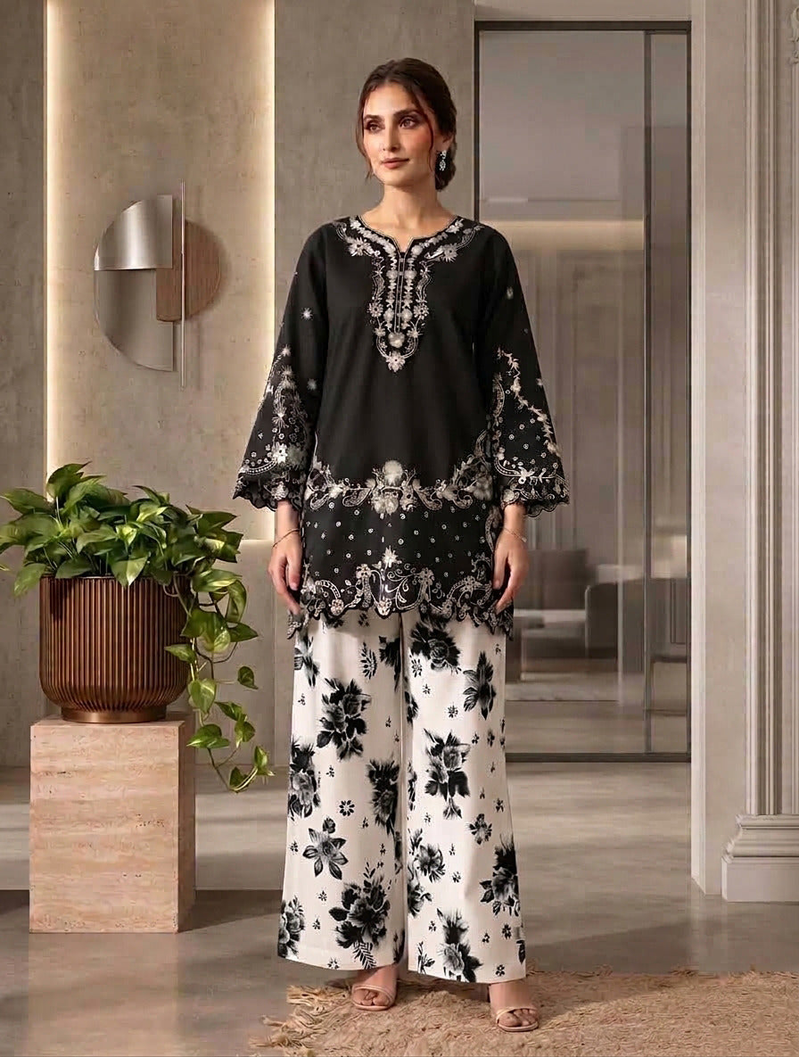 Chikinkari Embroidery Shirt With Printed Farshi Shalwar 2pcs