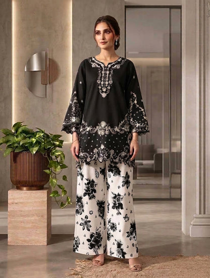 Chikinkari Embroidery Shirt With Printed Farshi Shalwar 2pcs