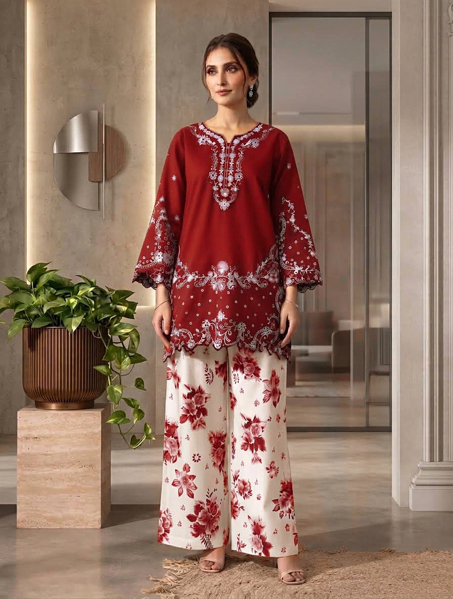 Chikinkari Embroidery Shirt With Printed Farshi Shalwar 2pcs
