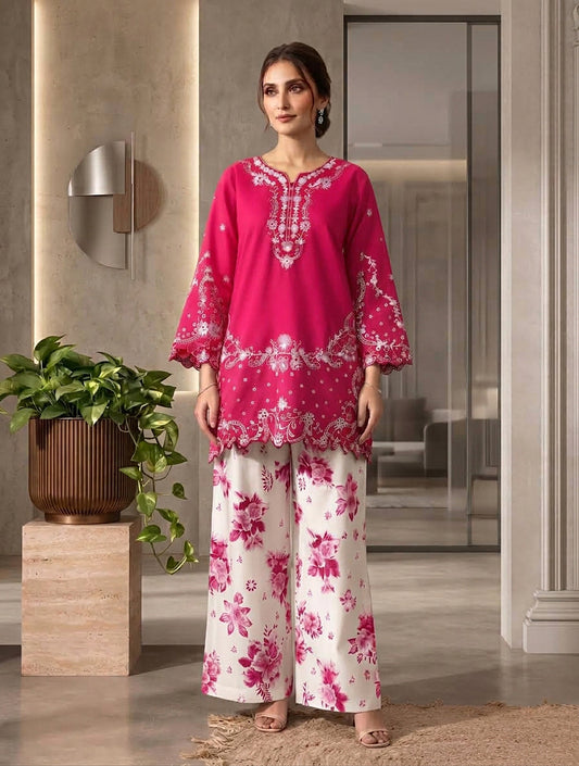 Chikinkari Embroidery Shirt With Printed Farshi Shalwar 2pcs